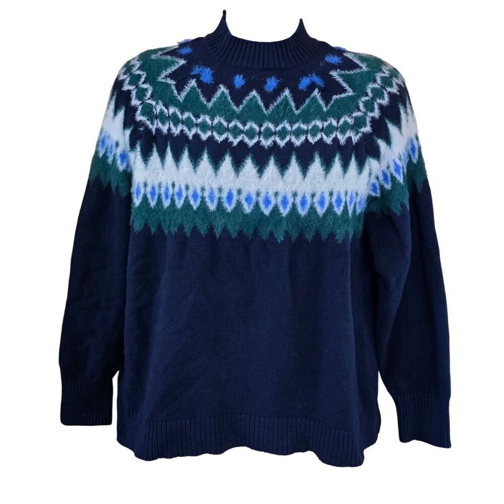Fair Isle Sweater Navy Blue & Green tribal print boho cottagecore peasant soft - Picture 2 of 5